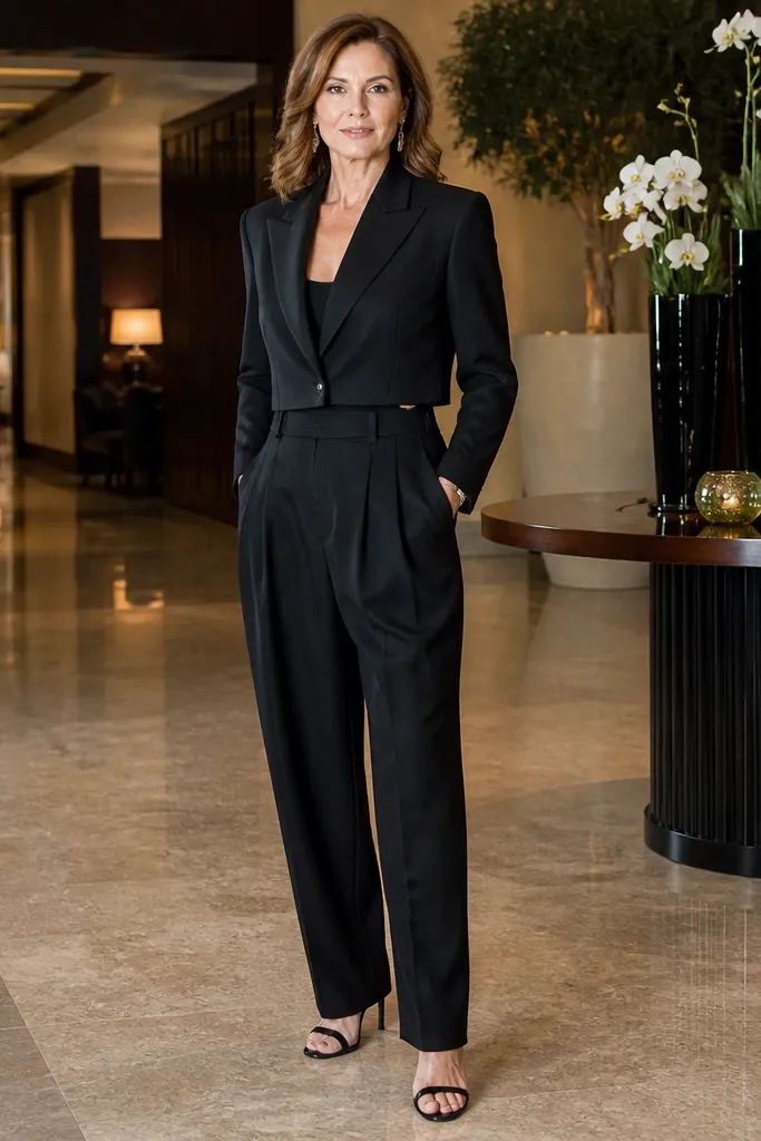 Black pleated baggy trousers with cropped blazer and strappy heels