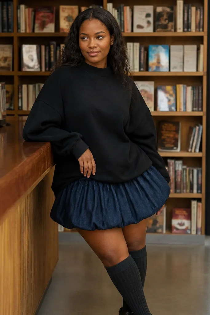 Black oversized sweatshirt with baggy denim skirt and knee-high socks
