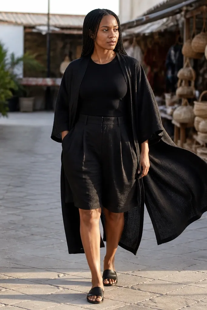 Black baggy shorts with long kimono layer and fitted top