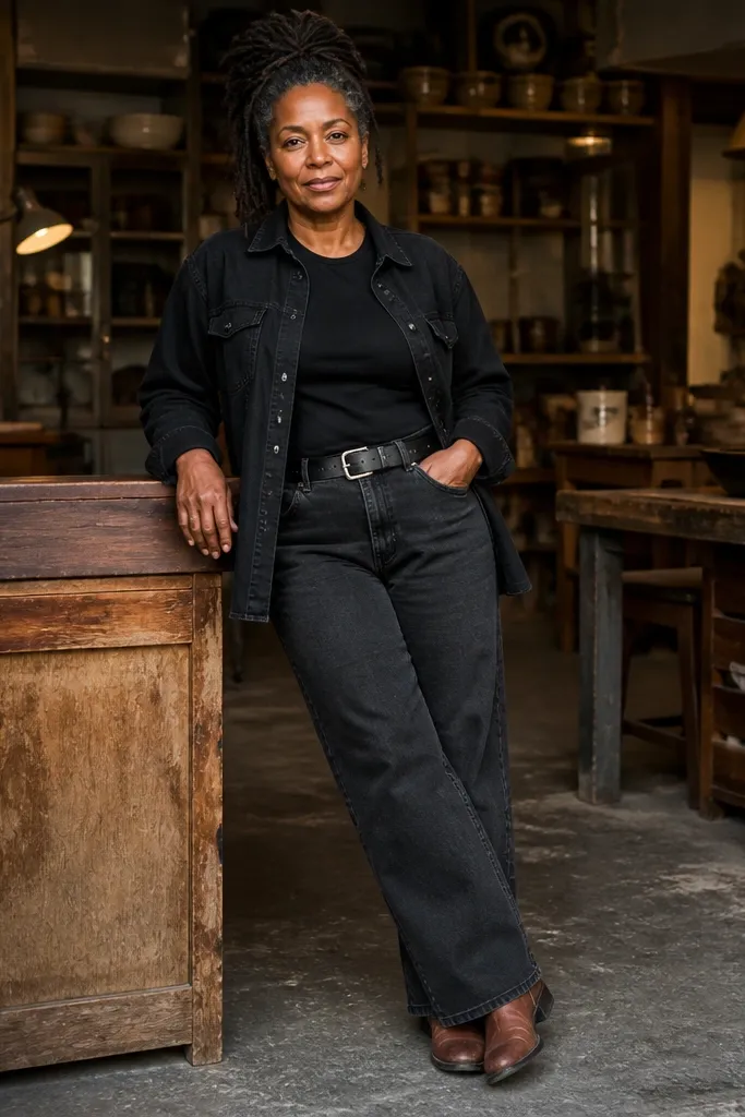 Black denim overshirt over baggy straight jeans with belt and brown boots