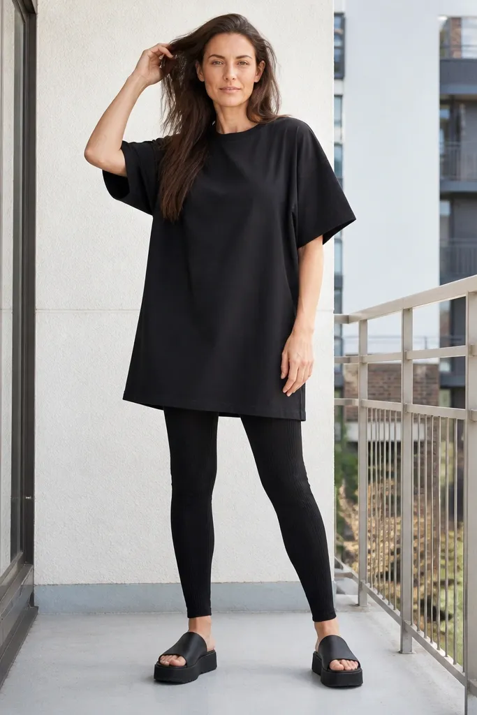 Black oversized t-shirt dress over ribbed leggings with platform slides