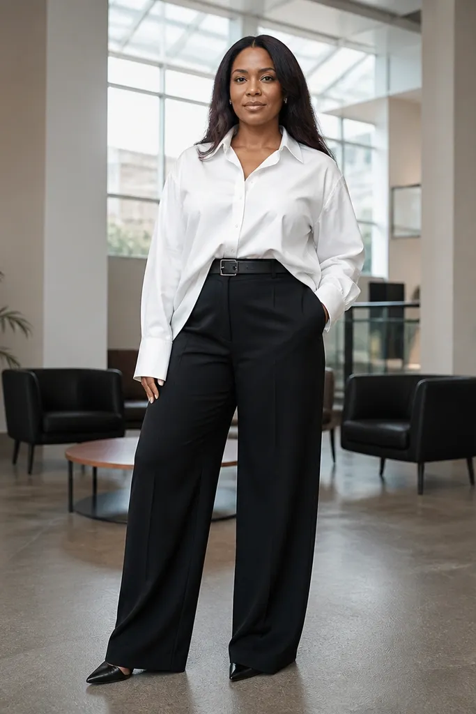 Black wide-leg pants with oversized white shirt half-tucked and black belt