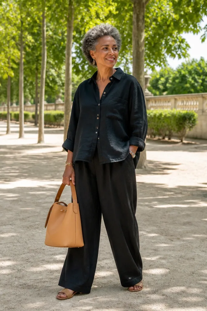 Black linen shirt with black baggy trousers and tan bucket bag