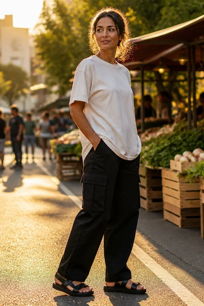 Cream oversized tee with black wide-leg cargos and black sneakers