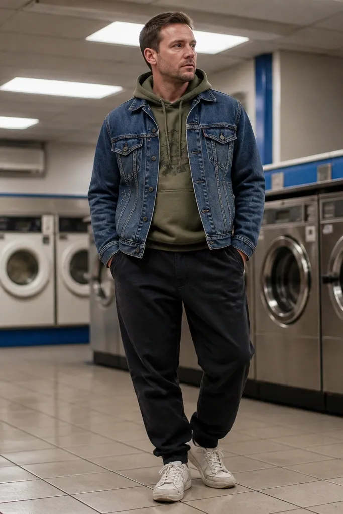 Denim jacket over a graphic hoodie with tapered baggy pants