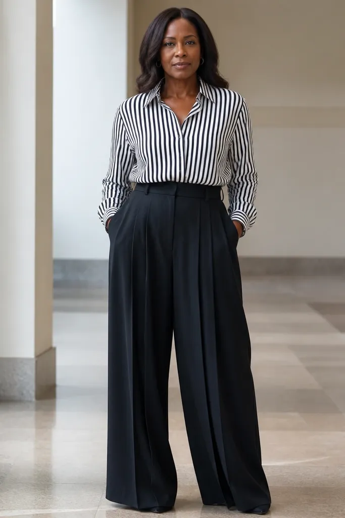 Striped long-sleeve shirt tucked into oversized pleated trousers