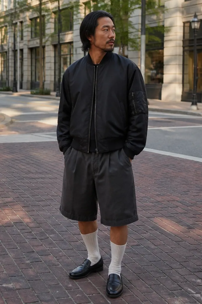Oversized bomber over a shirt with baggy shorts and long socks