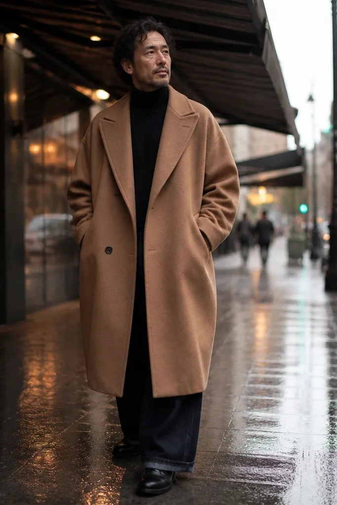 Black turtleneck under a camel oversized overcoat with straight baggy jeans