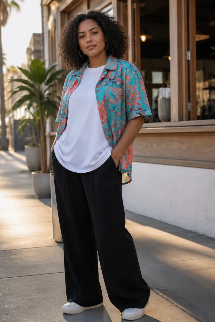 Unbuttoned patterned Hawaiian shirt over a baggy white tee with wide-leg black pants