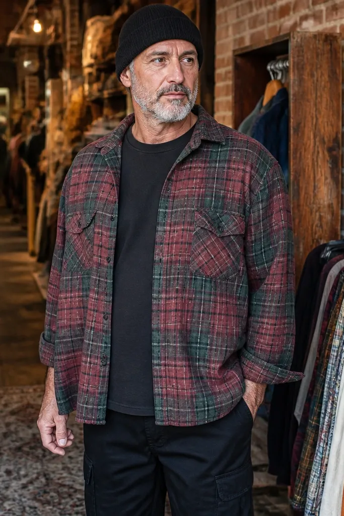 Oversized plaid flannel over a dark tee with black cargos and a beanie