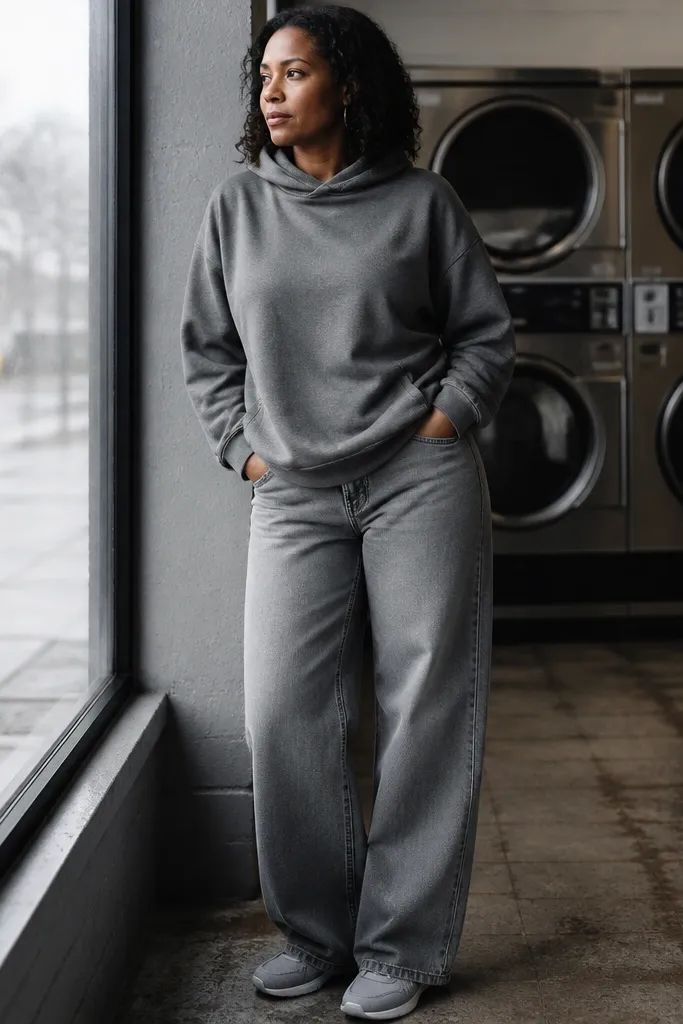 Washed gray hoodie with a hood and wide gray jeans