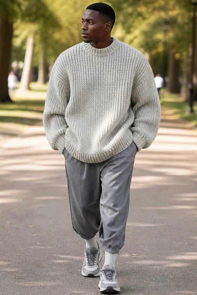 Oversized knit sweater with cropped baggy pants and chunky sneakers