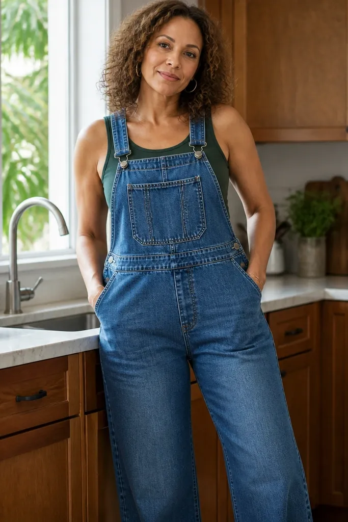 Denim overalls with wide legs over a fitted tank and sneakers