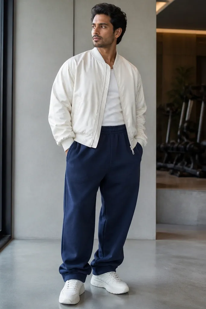 Off-white bomber with deep navy baggy sweatpants and white sneakers