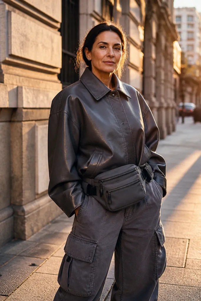 Oversized leather-look jacket with gray cargo pants and a belt bag across the waist