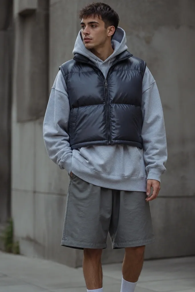 Long baggy hoodie under a short puffer vest with baggy shorts and sneakers