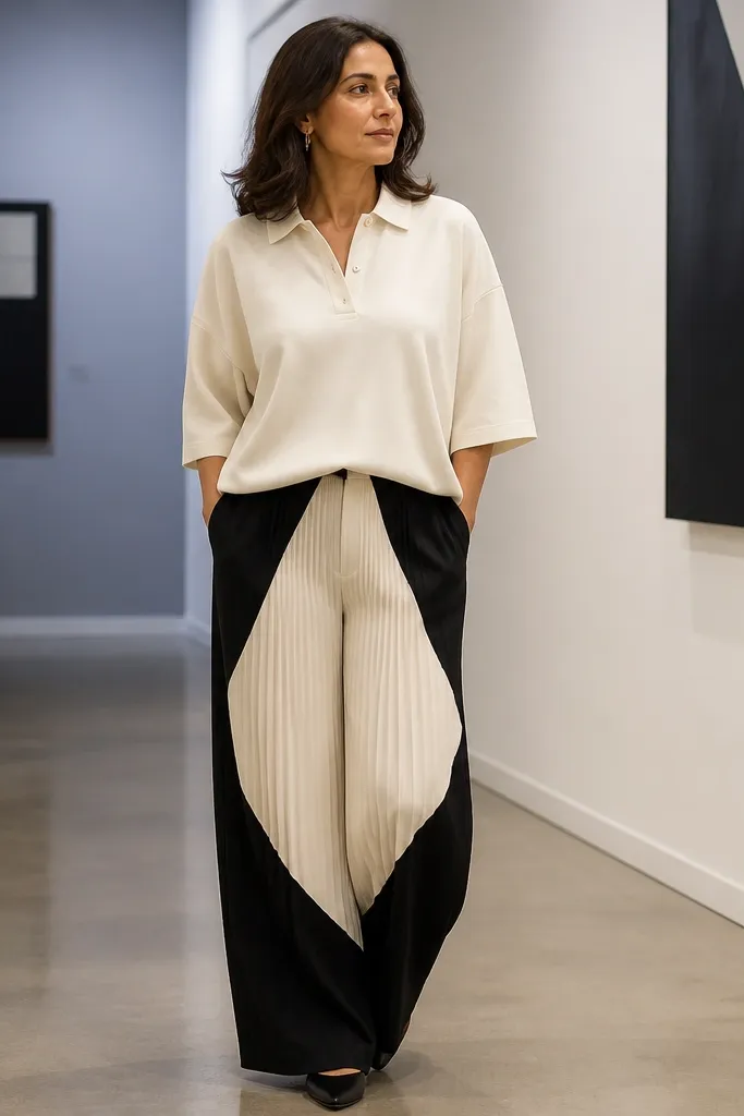 Oversized polo shirt with wide pleated pants in black and cream tones