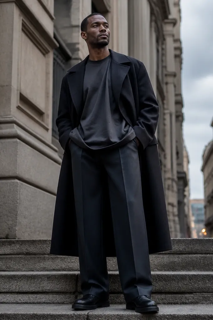 Oversized tee with baggy suit pants and a long coat
