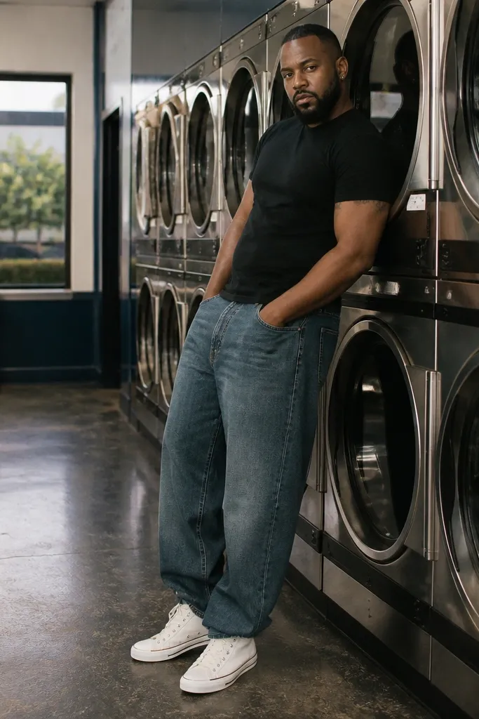 Mid-wash wide-leg jeans with a black fitted tee and white high-top sneakers