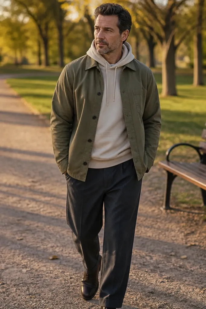 Olive overshirt over a cream hoodie with charcoal baggy trousers and dark sneakers