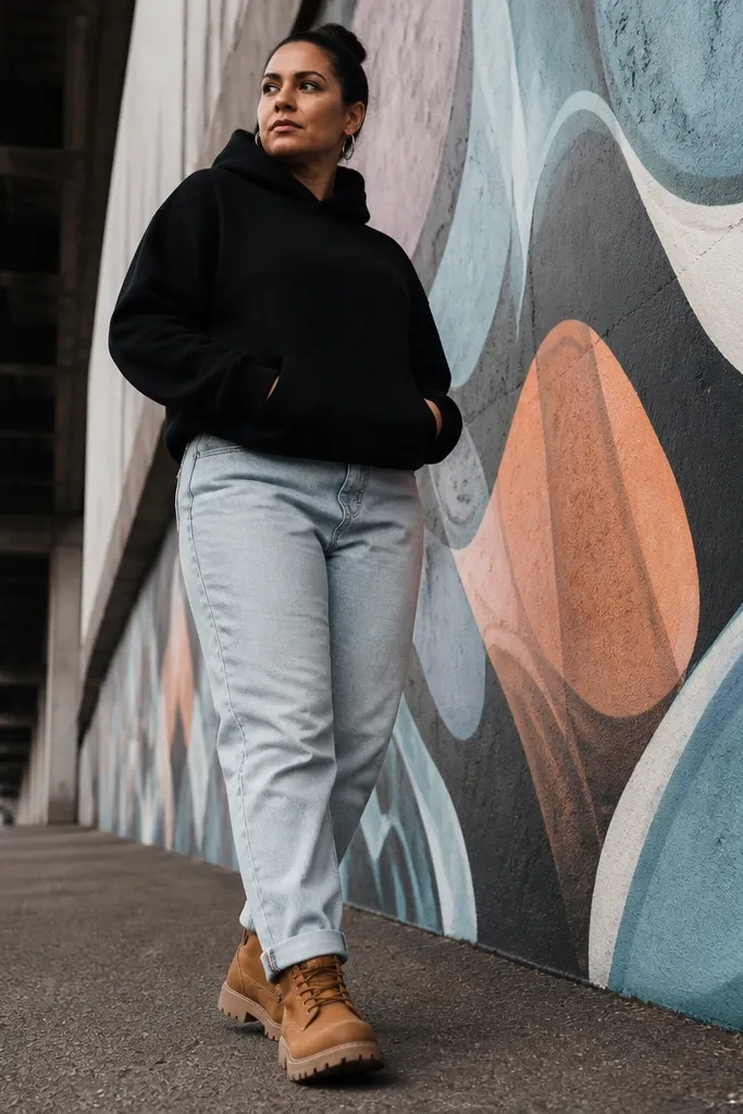 Black oversized hoodie with light-wash dad jeans and tan boots