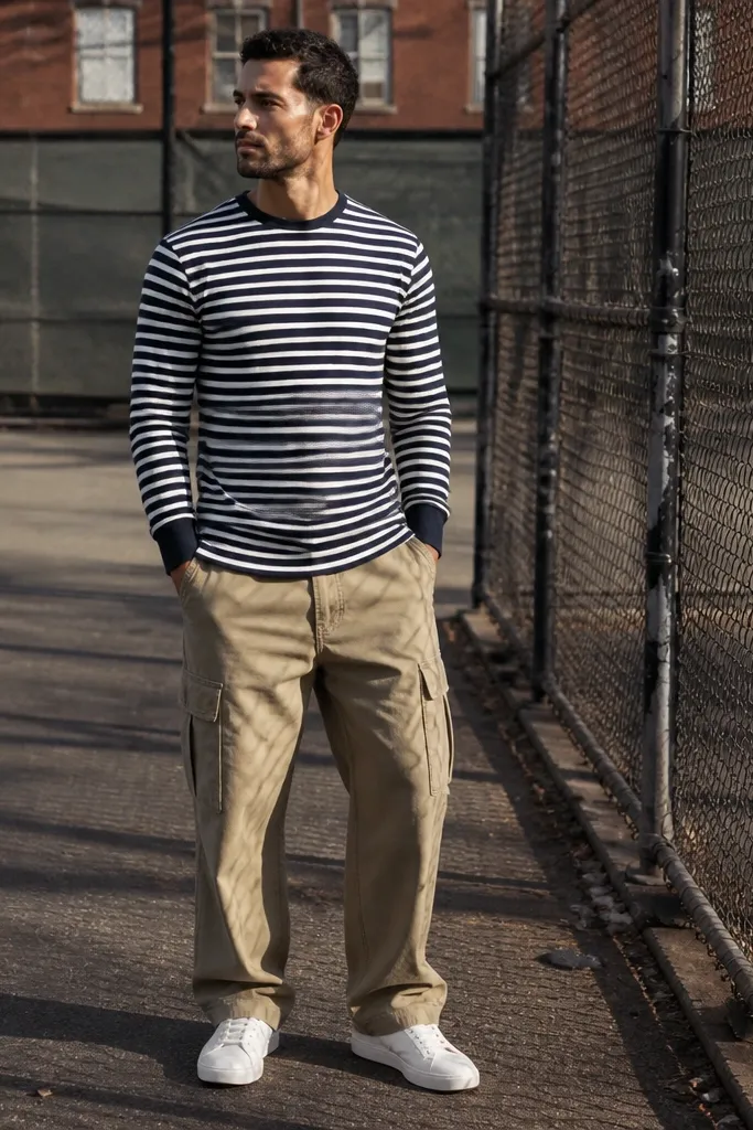 Striped long-sleeve shirt under baggy khaki cargo pants with white sneakers