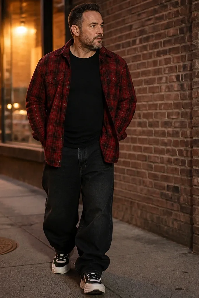 Red flannel overshirt over a black tee with black baggy jeans and chunky sneakers