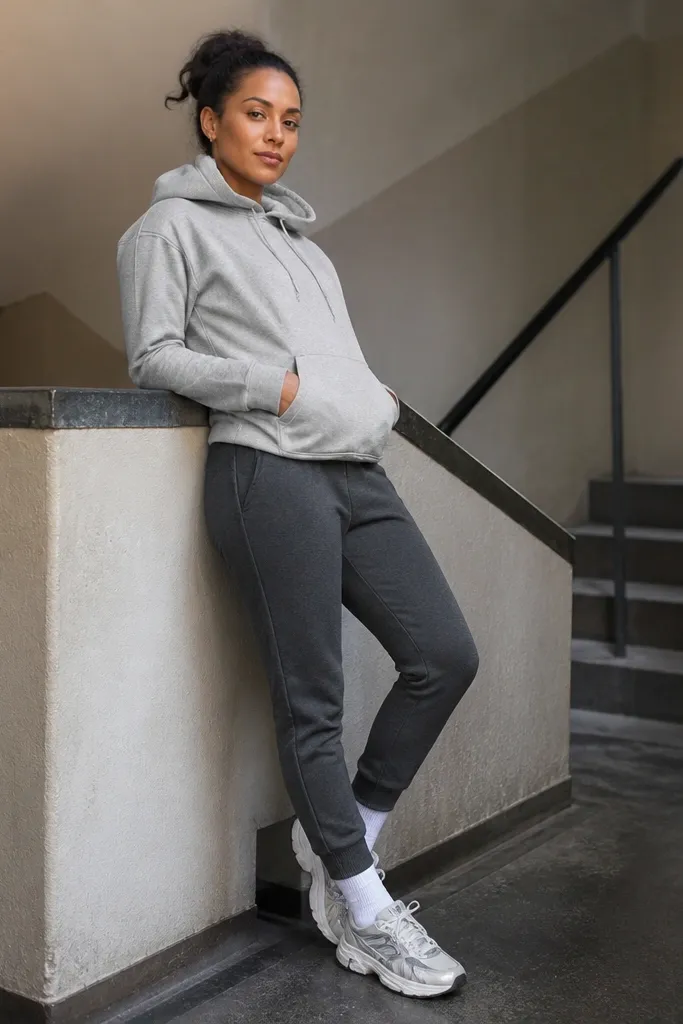 Heather grey hoodie with charcoal joggers and white crew socks