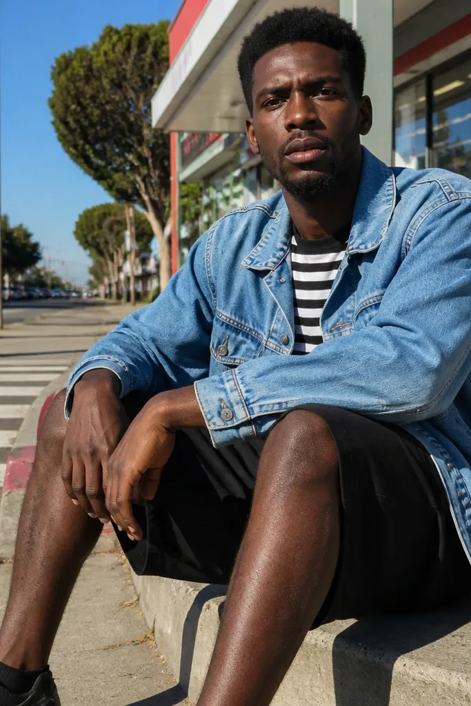 Sky-blue denim jacket over an oversized striped tee with baggy black shorts