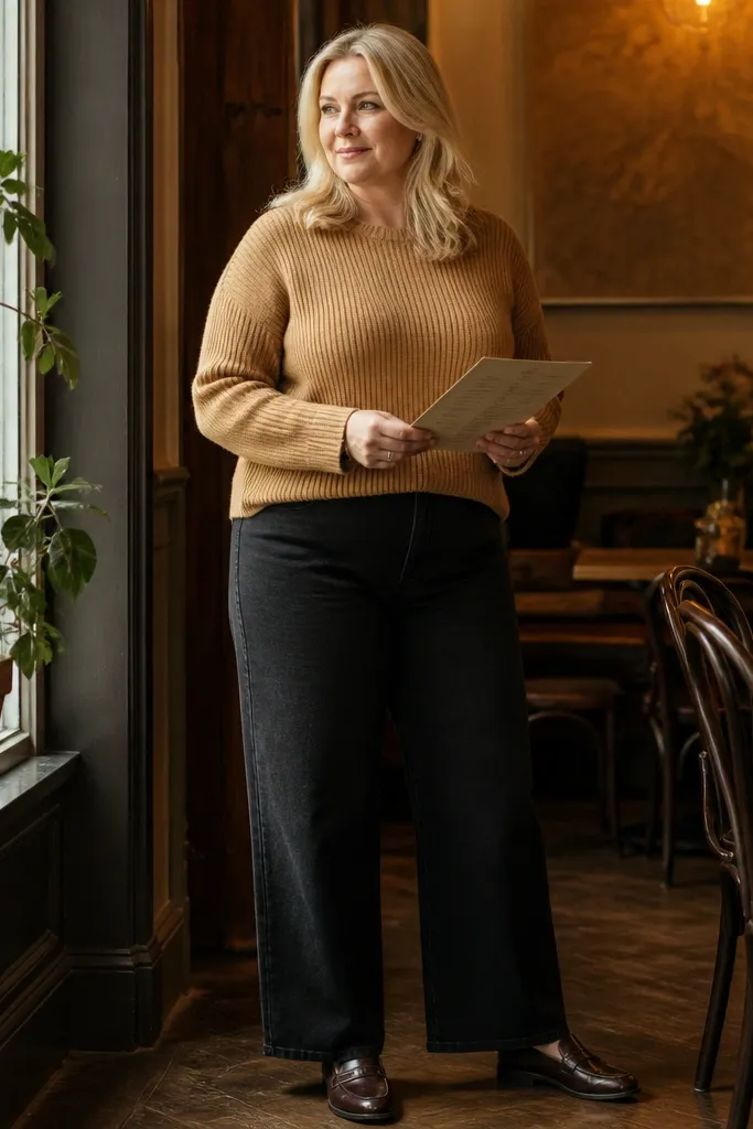 Camel knit sweater with wide-leg black jeans and dark brown loafers