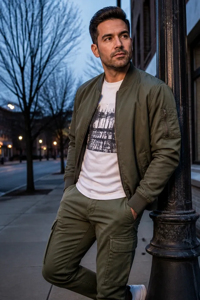 White graphic tee with olive cargos and an olive bomber jacket