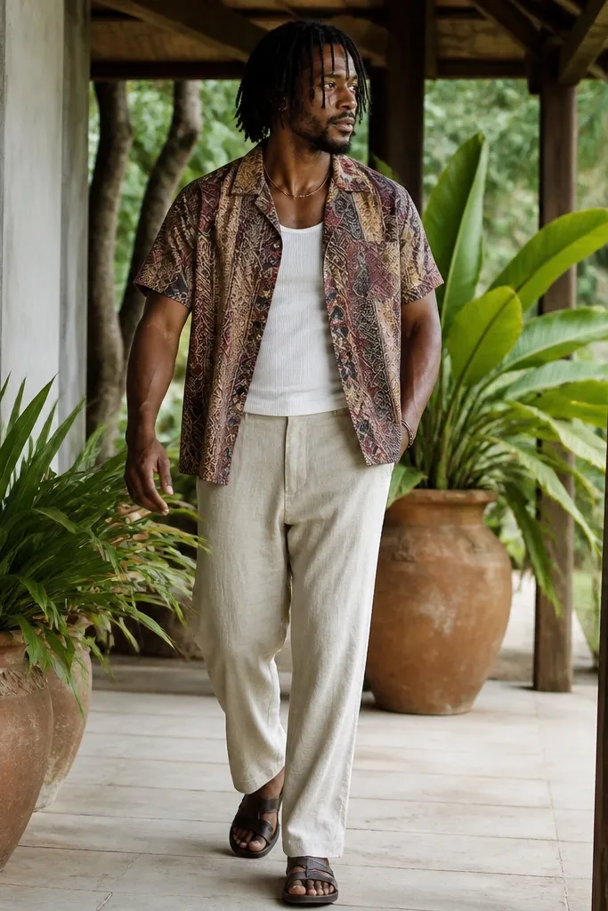Patterned short-sleeve button-up over a fitted tank with baggy linen pants