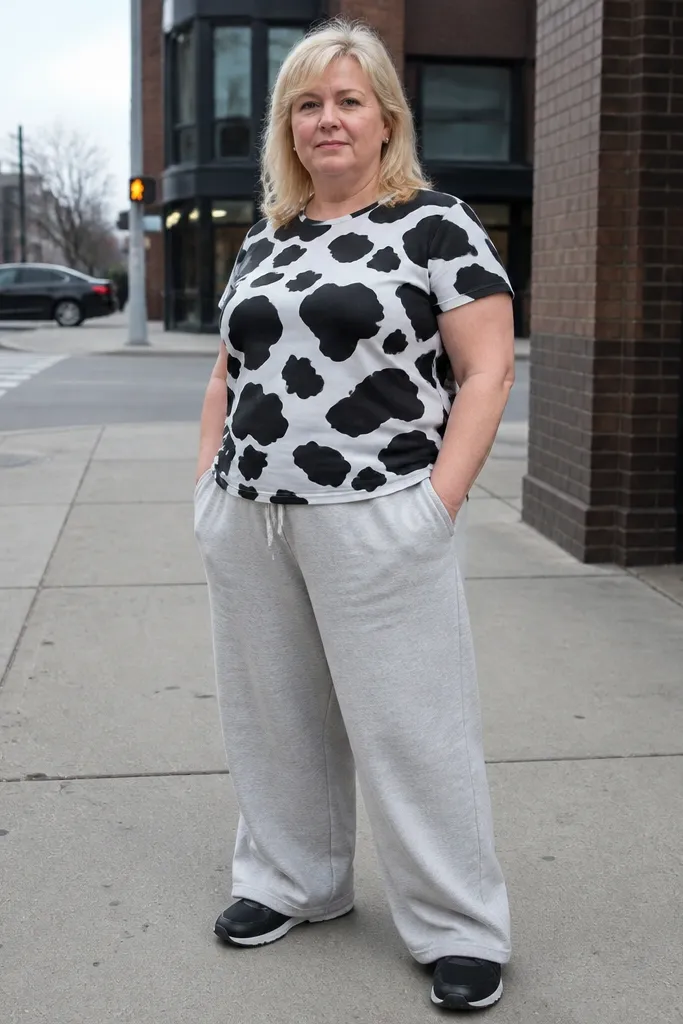 Cow-print tee with light grey wide-leg sweatpants and black sneakers
