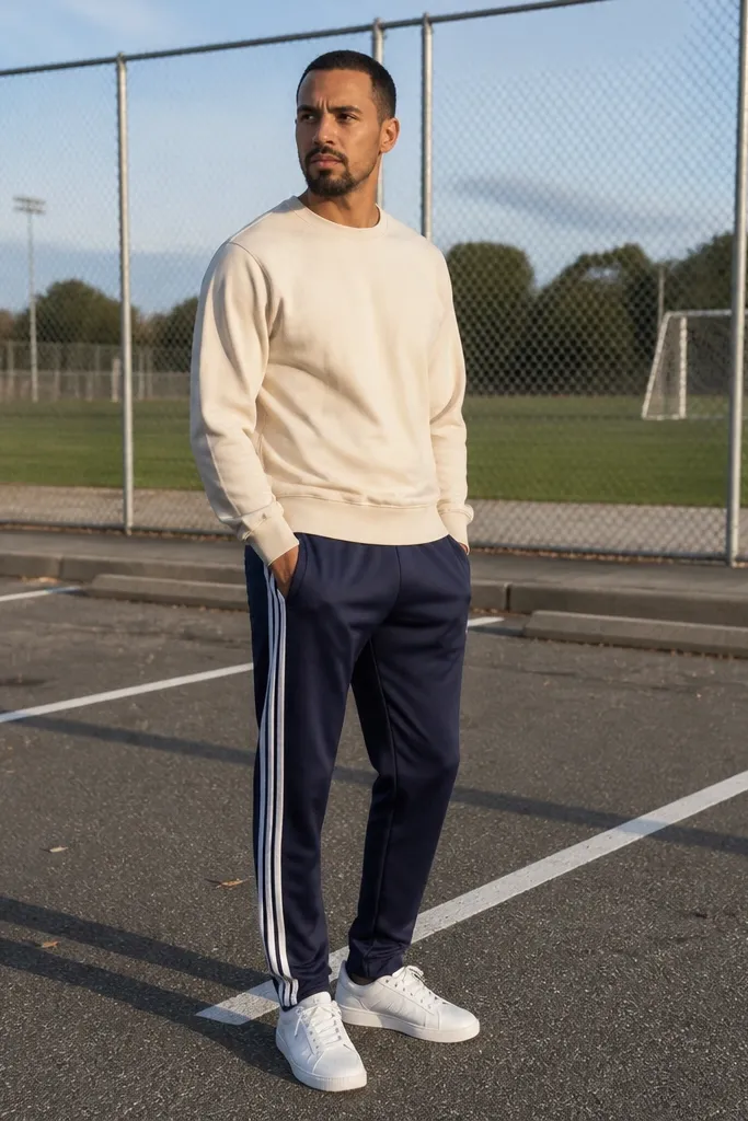 Cream sweatshirt with navy track pants and white sneakers with side stripes