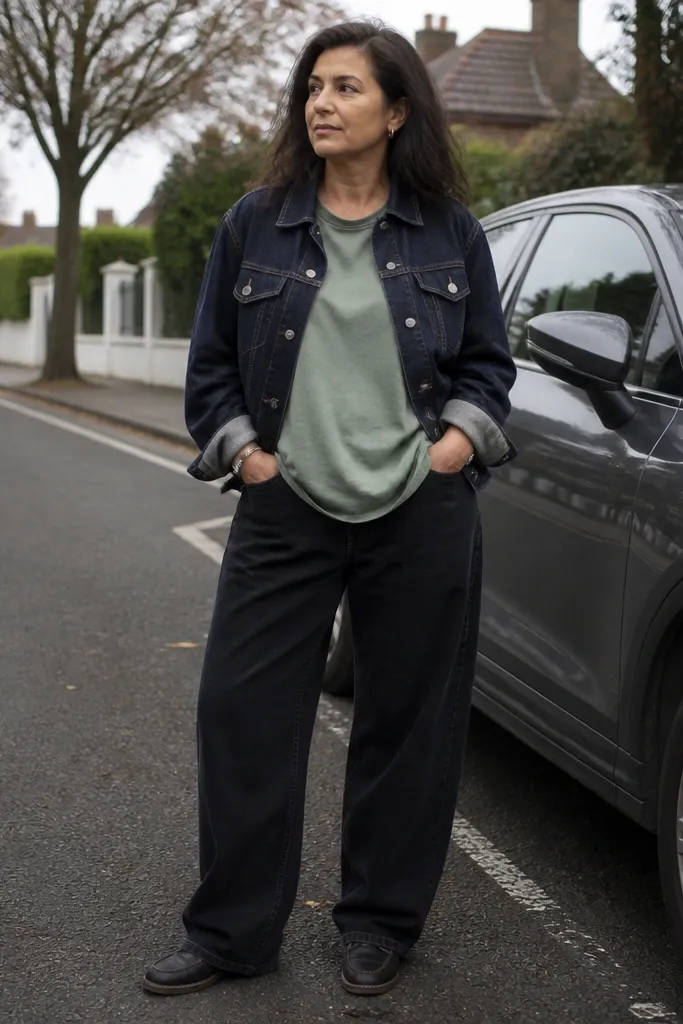 Dark denim jacket over an oversized sage tee with baggy black jeans and black sneakers