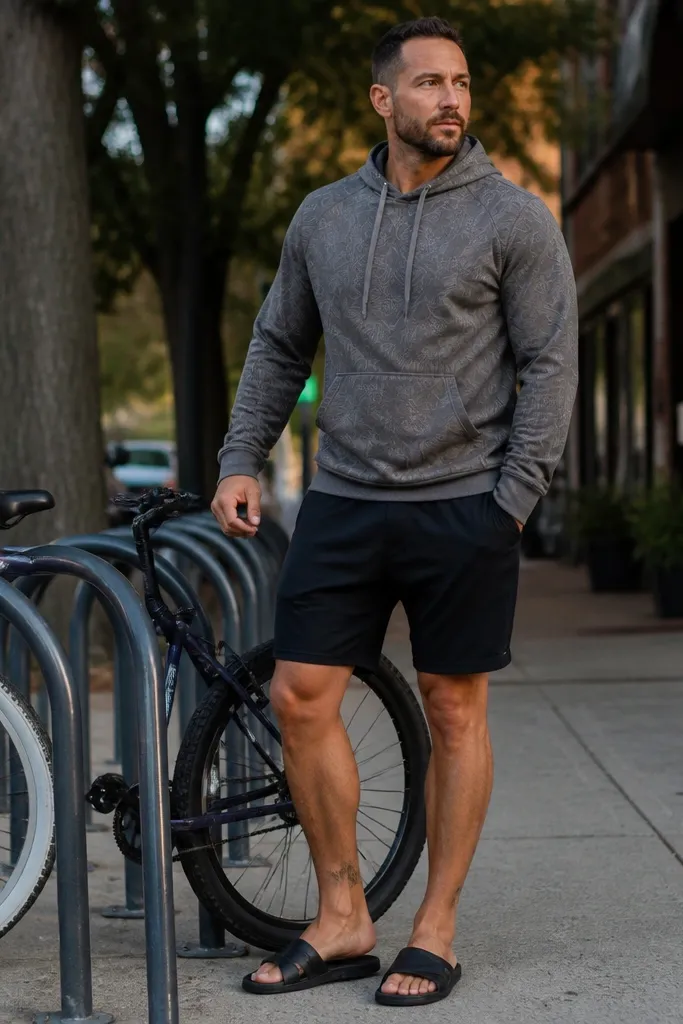 Grey patterned hoodie with black jogger-shorts and dark slides