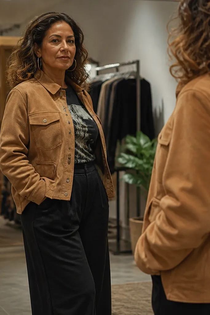 Tan suede-like jacket over a black graphic tee with wide baggy black trousers