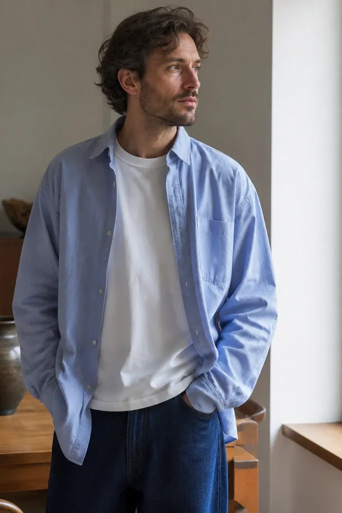 Light blue oversized button-up over a white tee with baggy navy jeans