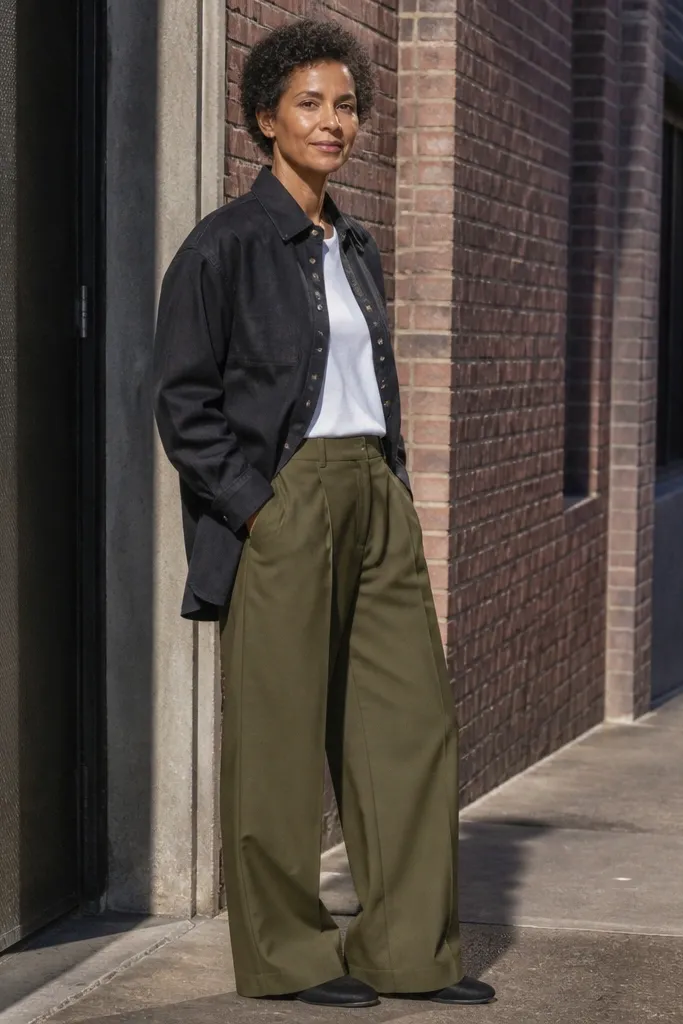 Black oversized denim shirt over a white tee with olive wide-leg pants