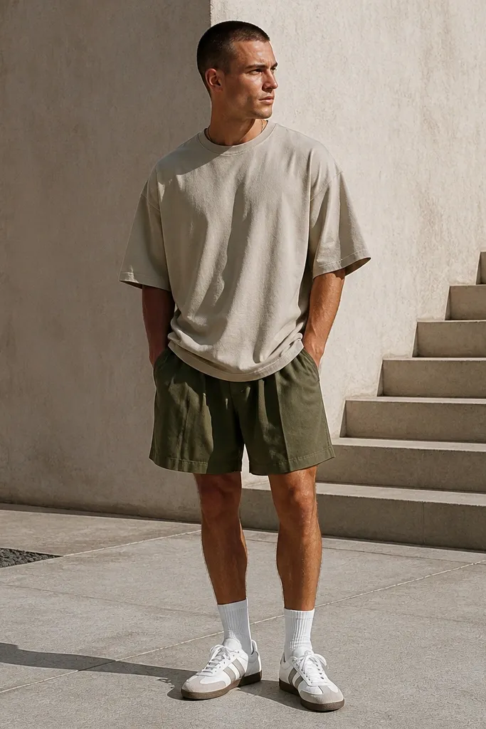 Stone oversized tee with olive pleated shorts and white Sambas