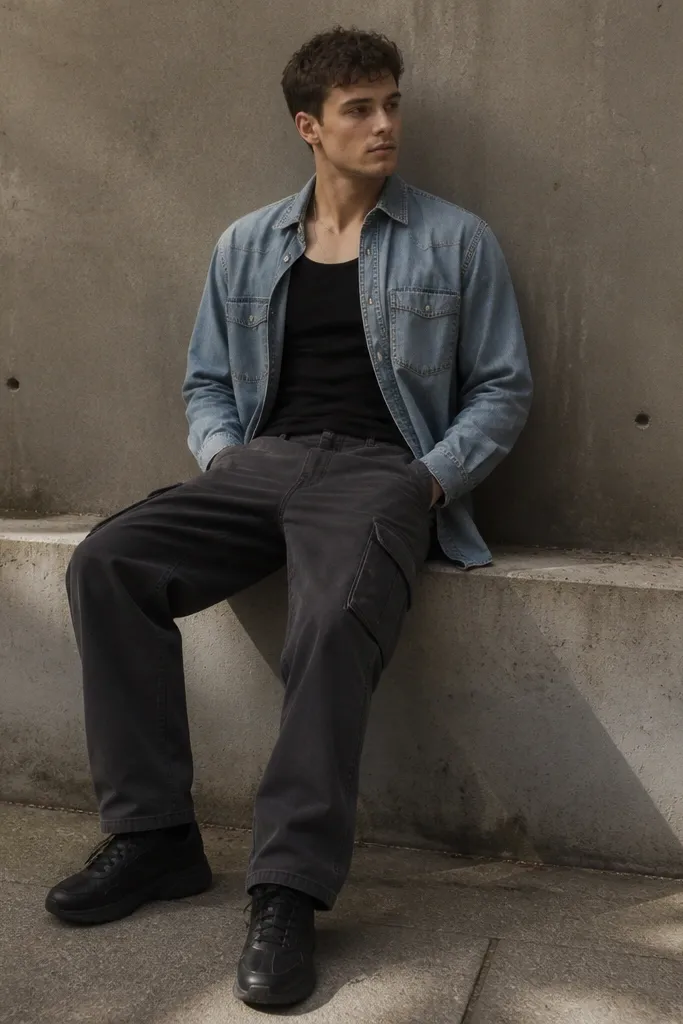 Washed denim shirt over black tank with charcoal cargo pants and black sneakers