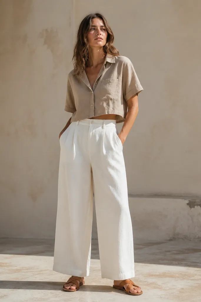 Off-white wide-leg linen pants with cropped oat shirt and tan sandals