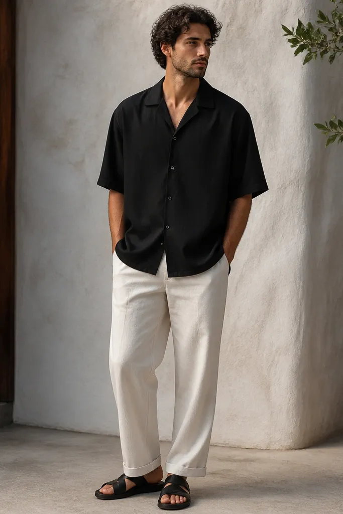 Black oversized camp collar shirt with white relaxed trousers and black sandals