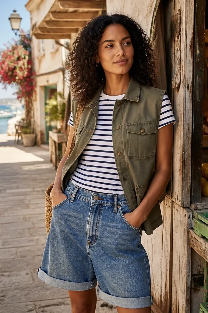 Olive utility vest over striped tee with wide denim shorts and white sneakers