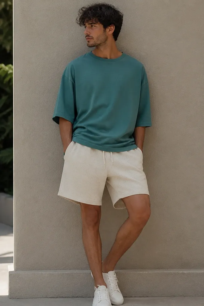 Oversized teal tee with cream drawstring shorts and white sneakers