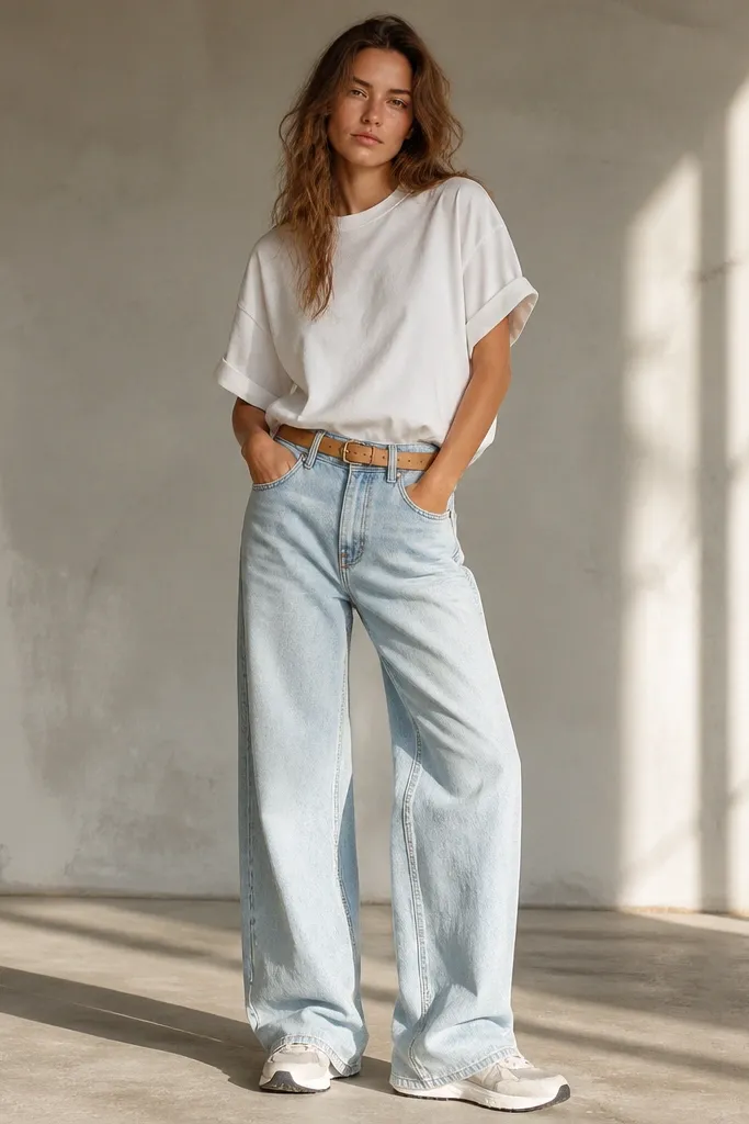 White baggy tee tucked into light-wash wide-leg jeans with tan belt and sneakers
