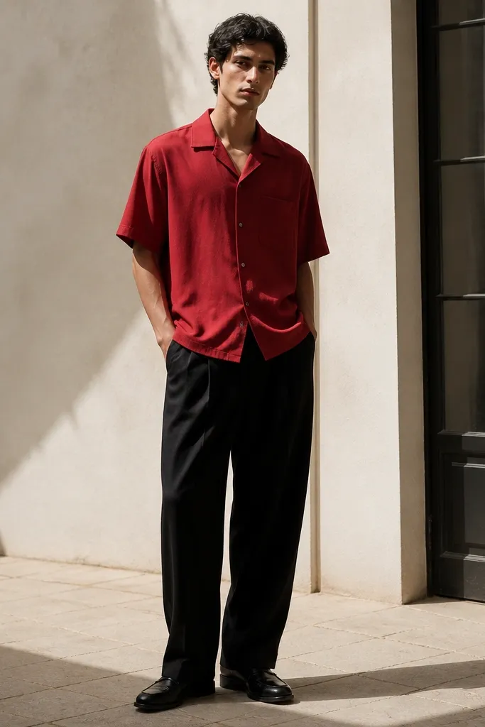 Red short-sleeve overshirt over black wide trousers with black loafers
