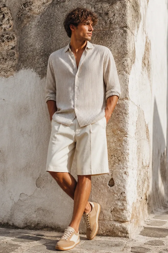 Striped button-up with rolled sleeves and cream baggy shorts with tan sneakers