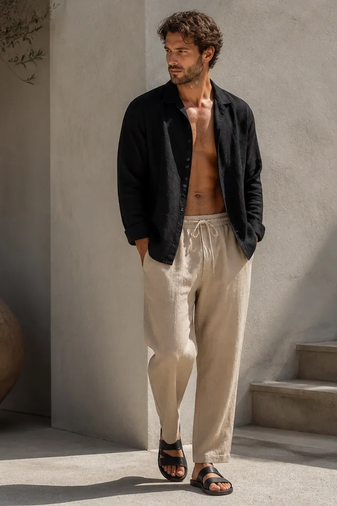 Black linen shirt-jacket open with beige drawstring pants and black sandals