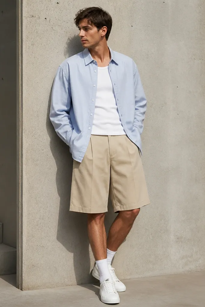 Sky-blue overshirt over white ribbed tee with wide khaki shorts and white sneakers
